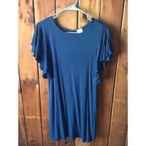 Alya Women Blue Casual Dress M Ruffled Sleeves Keyhole Knee Length